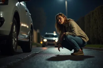 Femme en jeans cherche sous une voiture la nuit dans un quartier calme