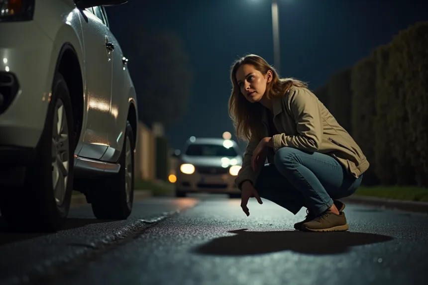 Femme en jeans cherche sous une voiture la nuit dans un quartier calme