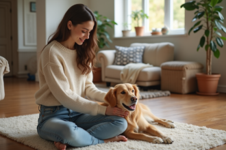 Jeune femme caressant un golden retriever dans le salon