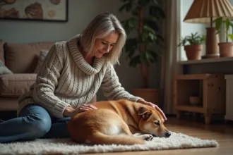 Femme inquiète avec son chien dans un salon chaleureux