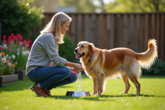 Femme remplissant un bol d'eau pour son chien dans le jardin