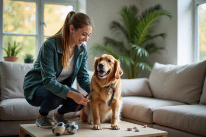 Jeune femme attachant un chien dans un salon moderne