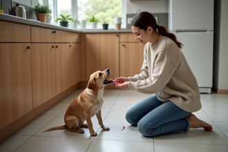 Femme donnant un comprimé à un chien dans la cuisine chaleureuse
