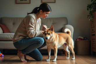 Femme examinant un chien anxieux dans un salon familial