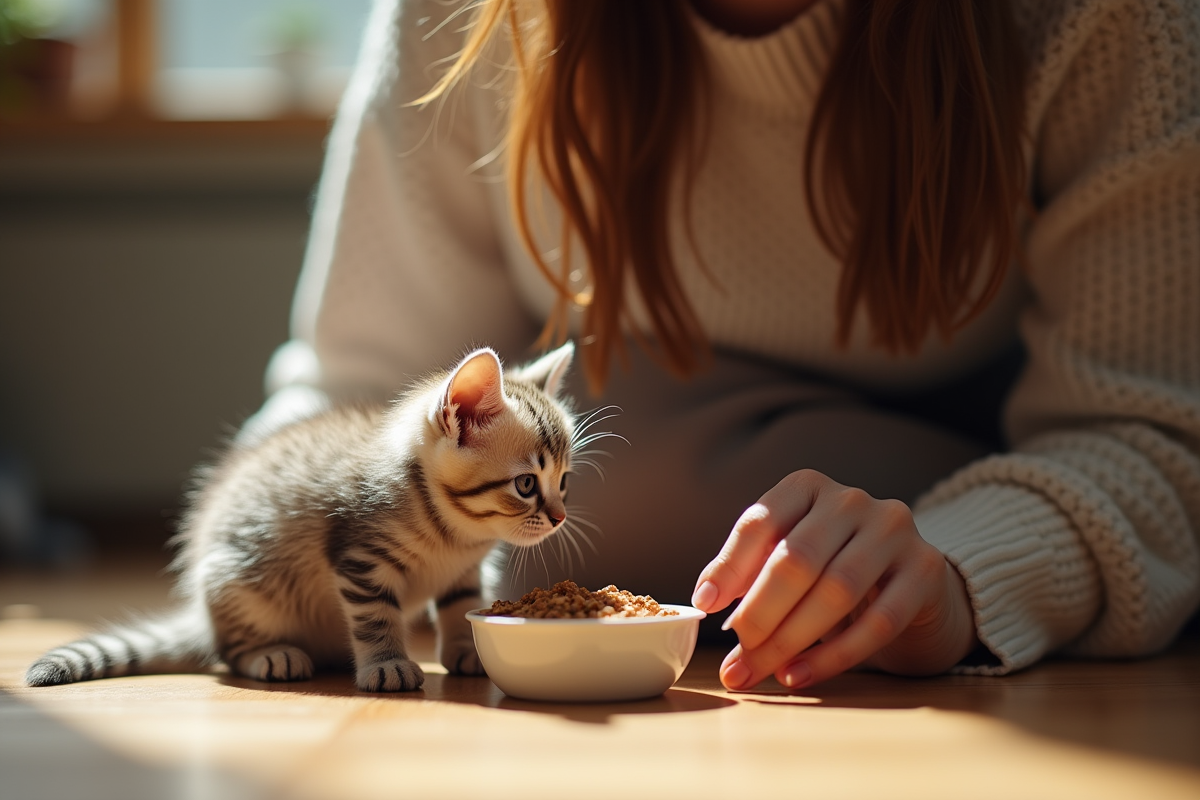 Jeune femme et chaton partageant un repas dans la maison