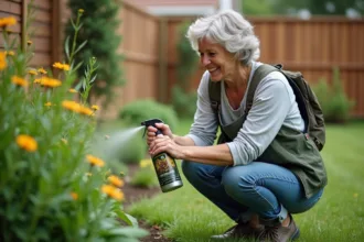Femme en extérieur appliquant un répulsif naturel pour chats