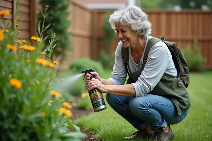 Femme en extérieur appliquant un répulsif naturel pour chats