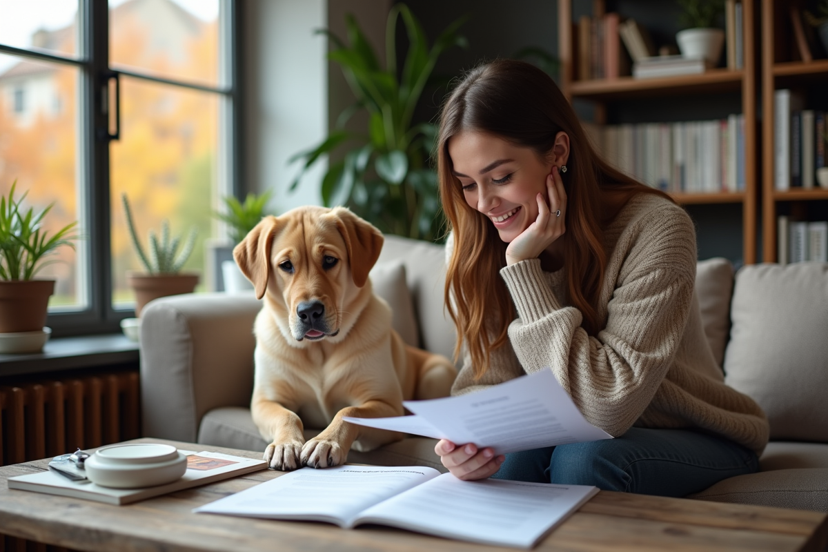 Femme souriante avec chien et documents d