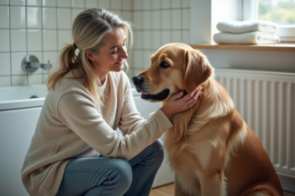 Femme rassurant son chien dans une salle de bain moderne