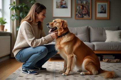 Femme et chien retriever en intérieur chaleureux