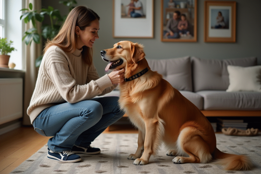 Femme et chien retriever en intérieur chaleureux