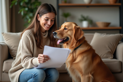 Femme et chien golden retriever avec papiers d'assurance