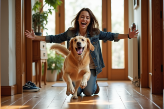 Jeune femme avec un retriever joyeux dans l'entrée lumineuse