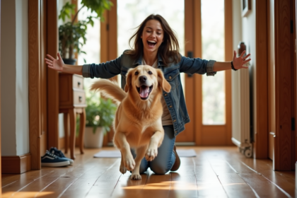 Jeune femme avec un retriever joyeux dans l'entrée lumineuse