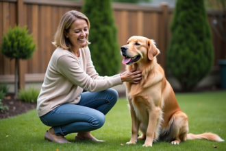 Femme souriante caressant son chien golden retriever dans le jardin