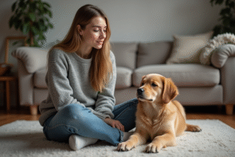 Jeune femme avec chien peluche dans un salon chaleureux