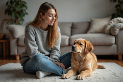Jeune femme avec chien peluche dans un salon chaleureux