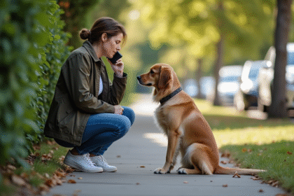 Femme au téléphone avec un chien perdu dans le quartier