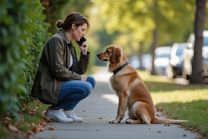 Femme au téléphone avec un chien perdu dans le quartier