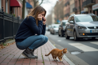 Femme urbaine au téléphone près d un chat surpris