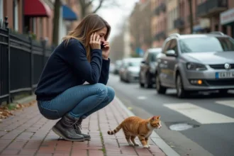 Femme urbaine au téléphone près d un chat surpris