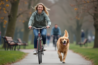 Jeune femme à vélo avec chien dans un parc au printemps