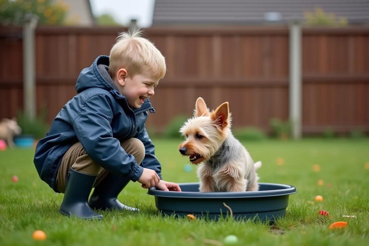 Garçon en imperméable avec son chien dans le jardin
