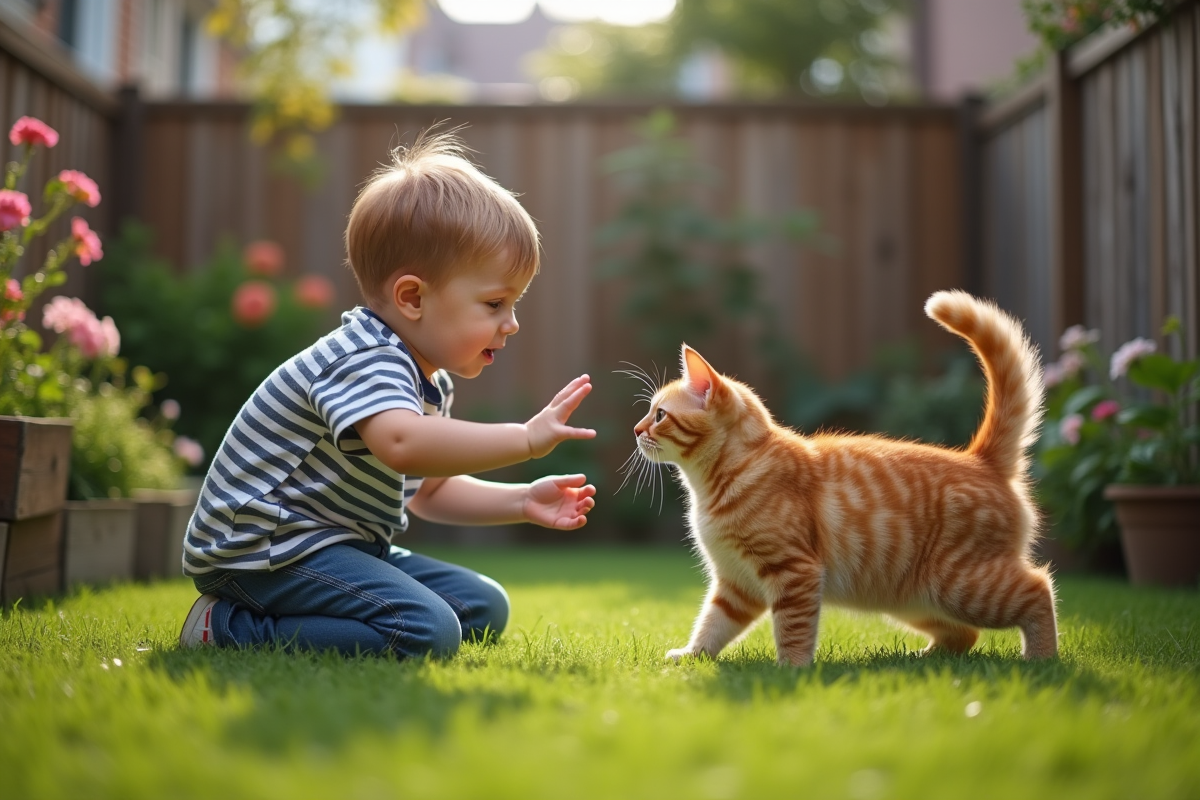 Jeune garçon jouant avec son chat dans le jardin