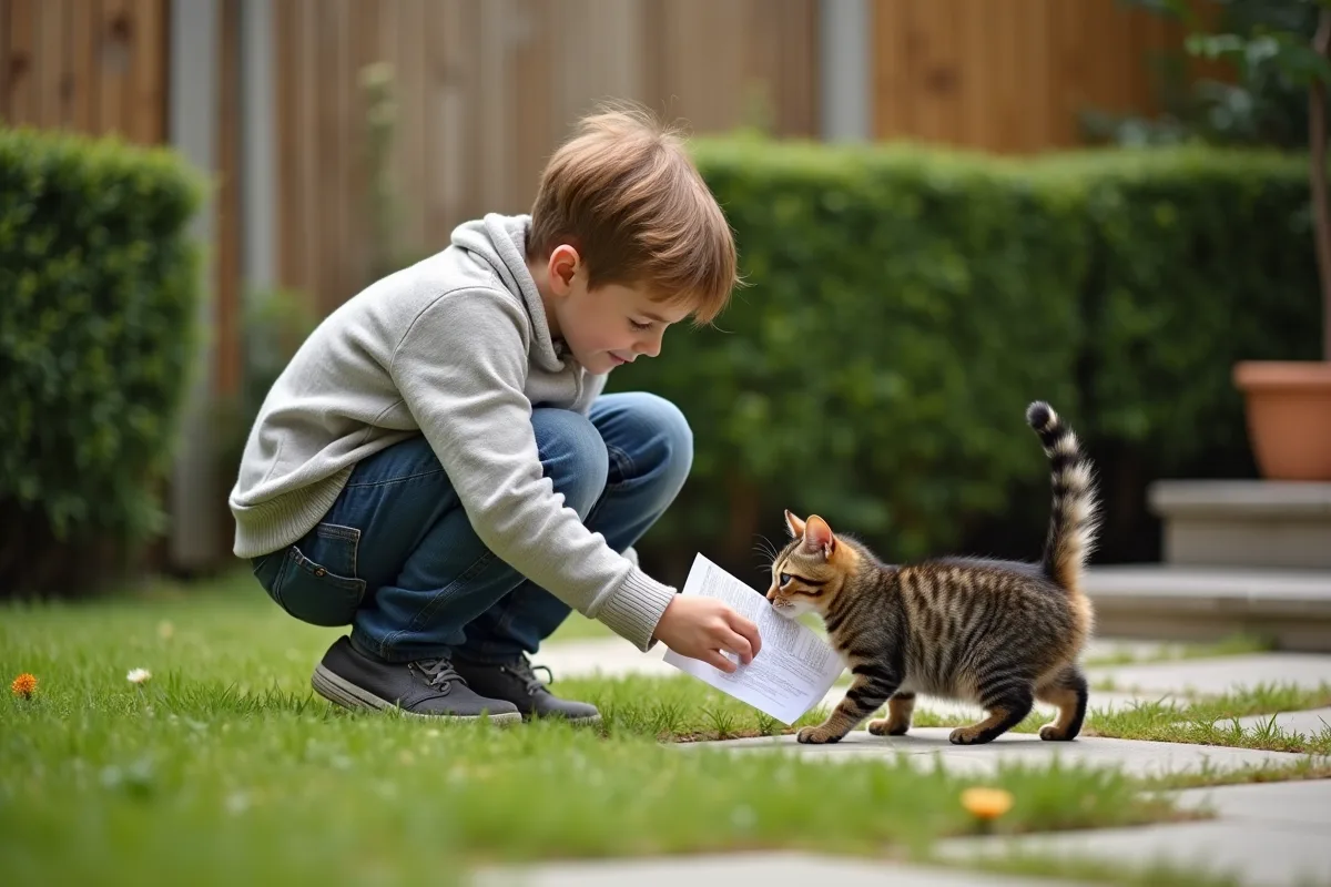 Adolescent jouant avec un chat dans un jardin ensoleille