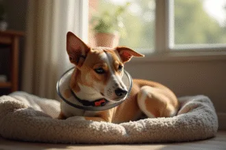 Chien convalescent avec un regard inquiet après une opération