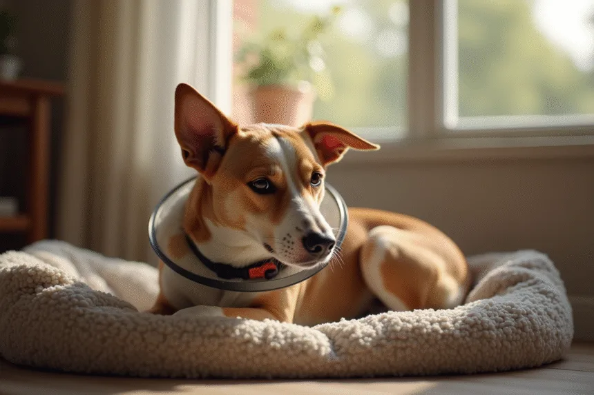 Chien convalescent avec un regard inquiet après une opération