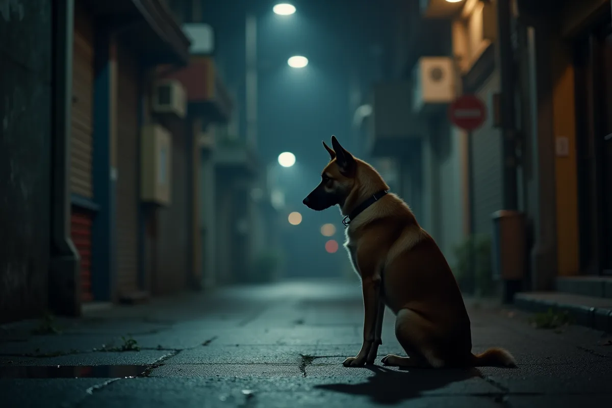 Chien errant aboyant dans une rue désertée la nuit