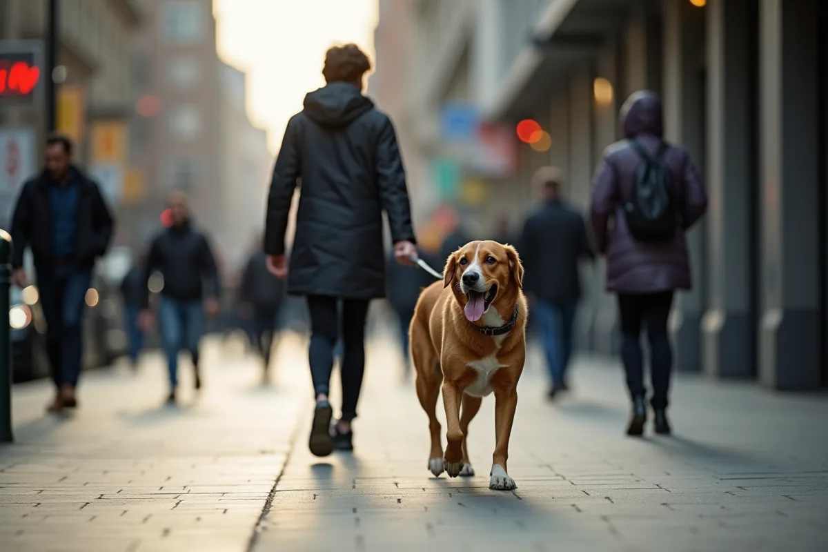 Promenade avec un chien en laisse dans un parc verdoyant