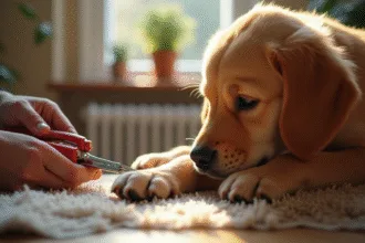 Chien avec des griffes trop longues sur un sol en bois