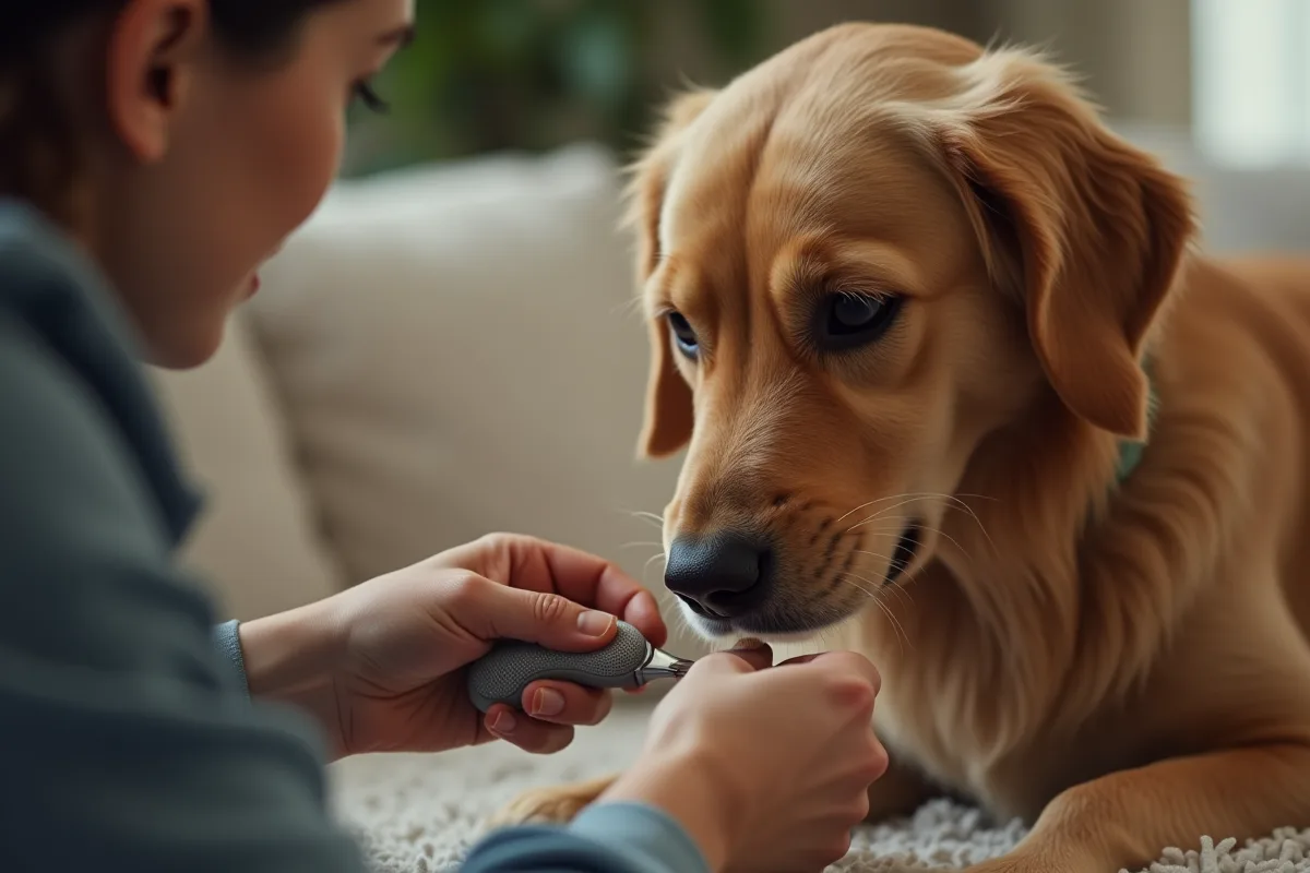 Chien se faisant tailler les ongles avec douceur et attention