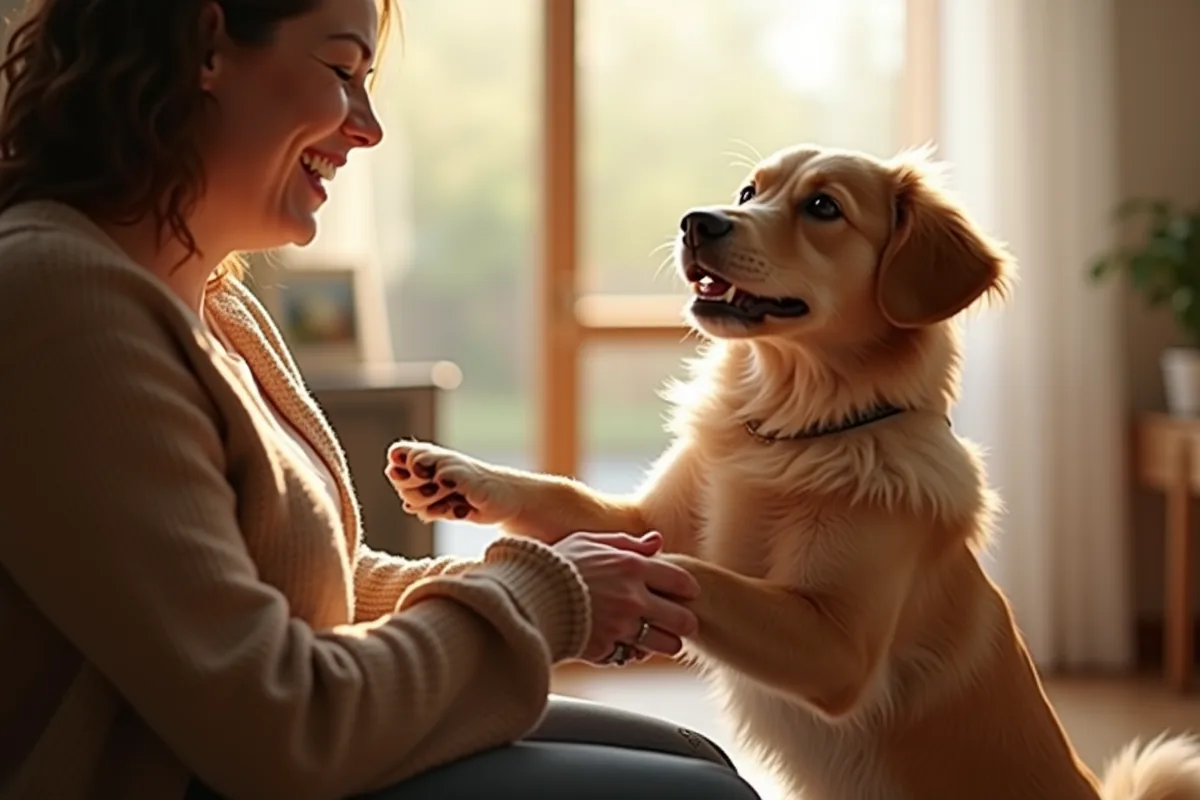 Chien s'accrochant à la jambe de son maître dans un moment de jeu