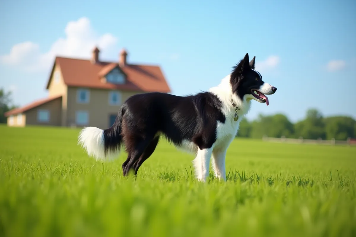 Chien de berger blanc et noir dans un paysage pastoral européen