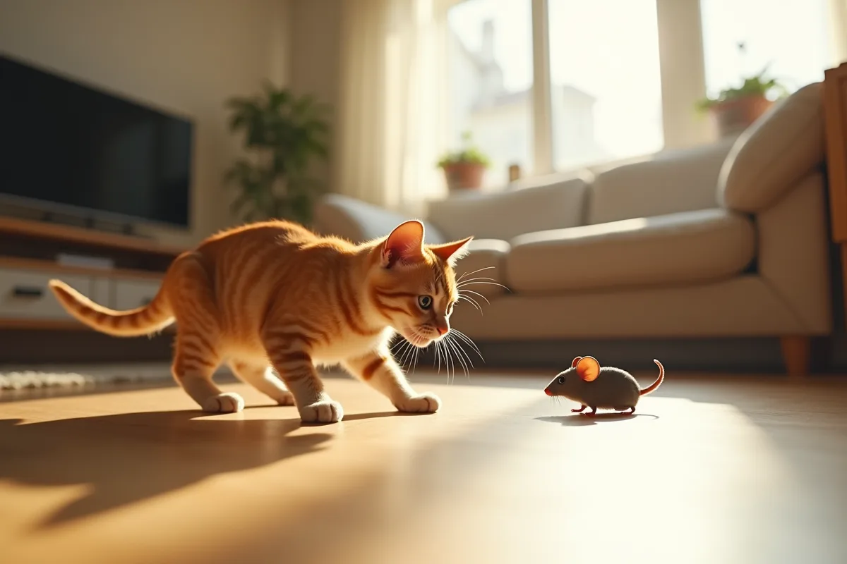 Chat en train de chasser un jouet dans le jardin
