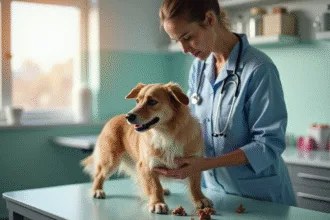 Chien observant ses selles dans un jardin verdoyant