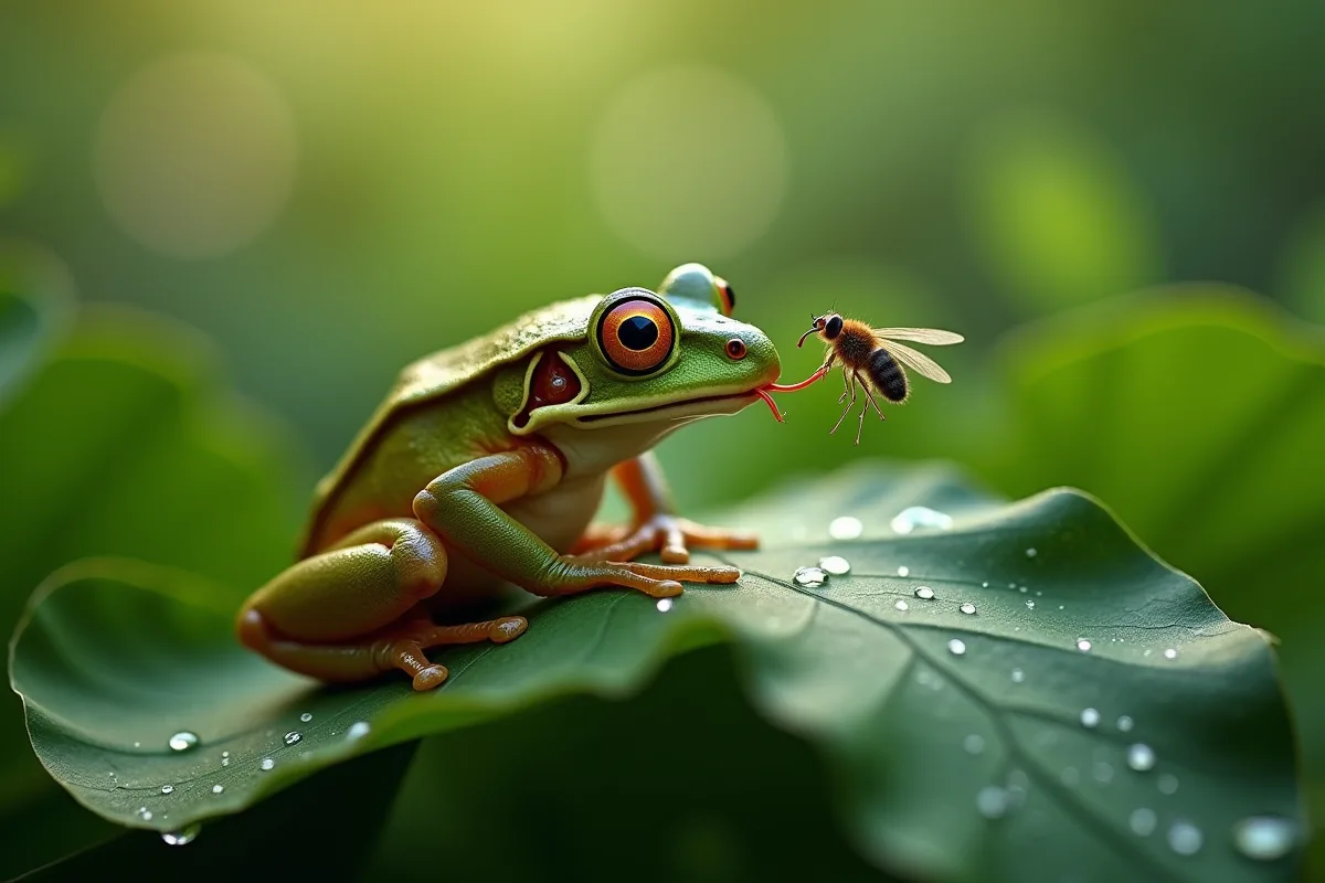Grenouille de jardin se nourrissant d'insectes dans un jardin verdoyant