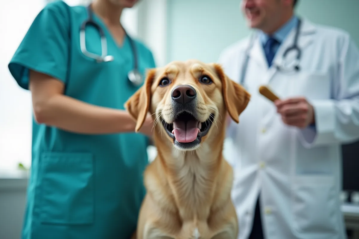 Chien en bonne santé avec un propriétaire attentif en arrière-plan