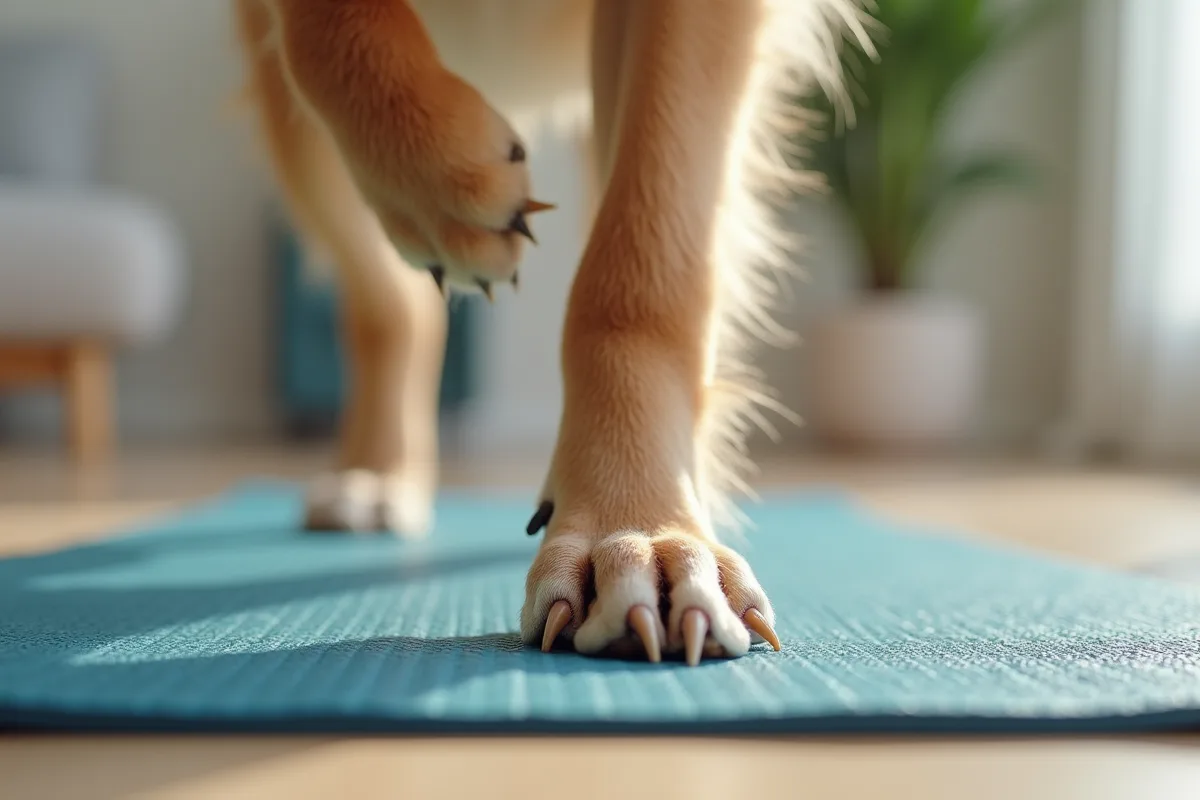 Chien glissant sur le carrelage avec une expression inquiète