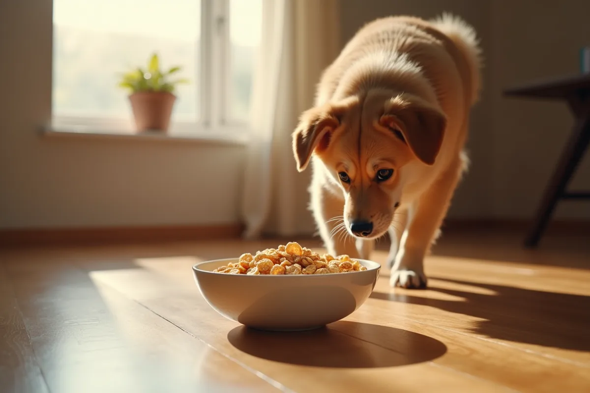 Paquet de croquettes pour chien avec ingrédients variés et conseils nutritionnels