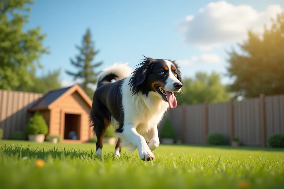 Landseer jouant dans un jardin sous le soleil