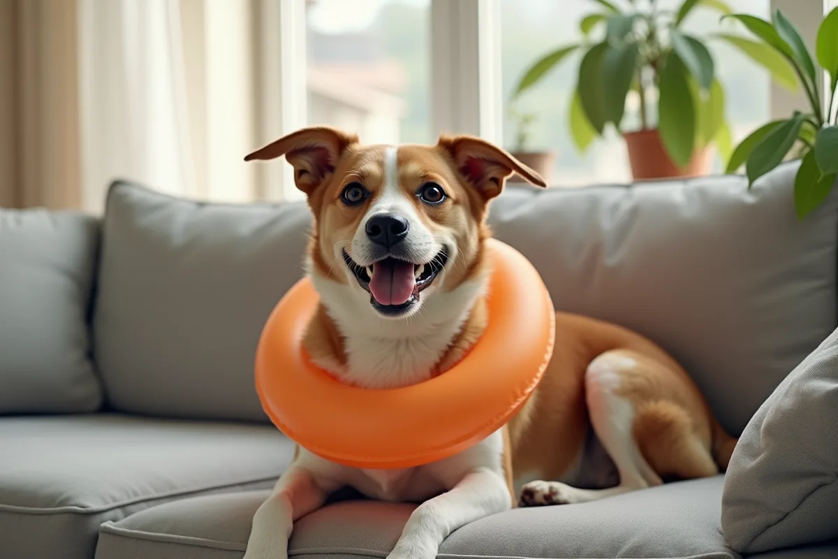 Chien avec alternative à la collerette pour se soigner confortablement