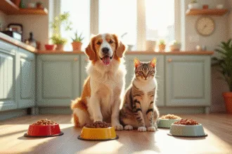 Chien curieux près de sa gamelle et chat se grattant