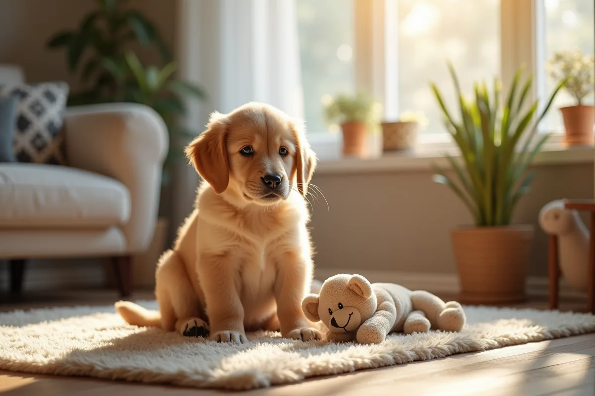 Un chiot de trois mois jouant avec un jouet coloré
