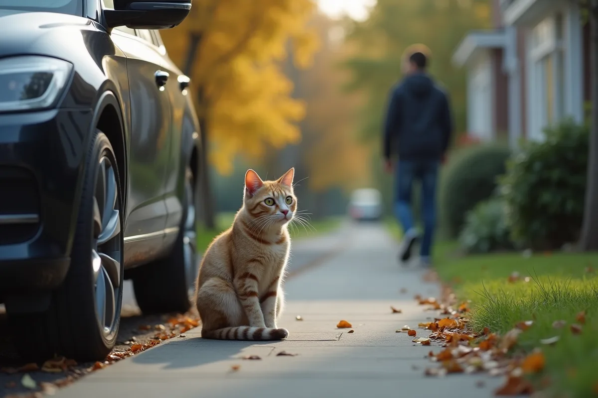 Chat traversant la route avec un véhicule freinant brusquement