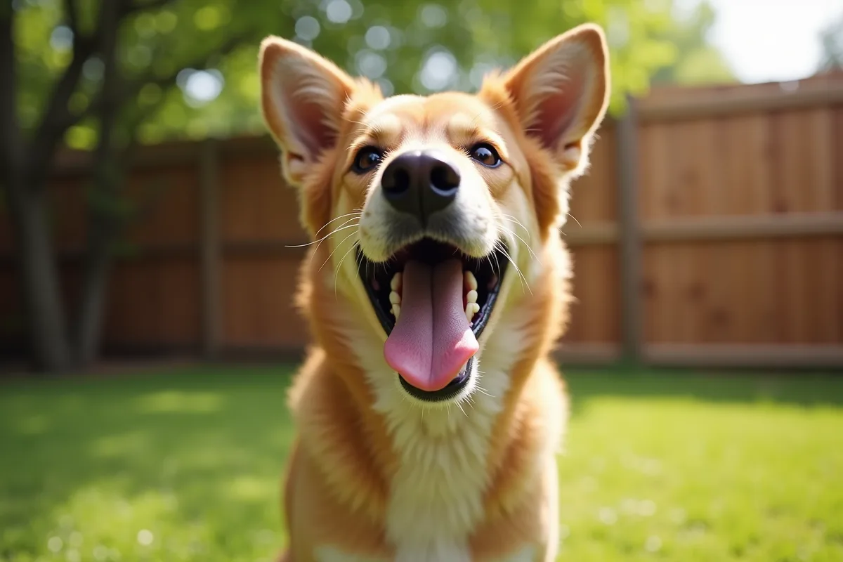 Un chien en train de manger de l'herbe dans un jardin