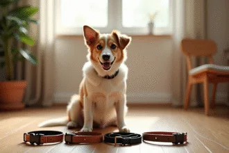 Chien portant plusieurs colliers dans un cadre extérieur